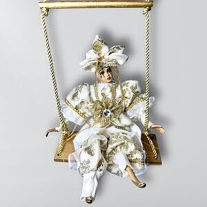 Vintage Harlequin Venetian Porcelain Hand Painted Ornate Doll On Swing